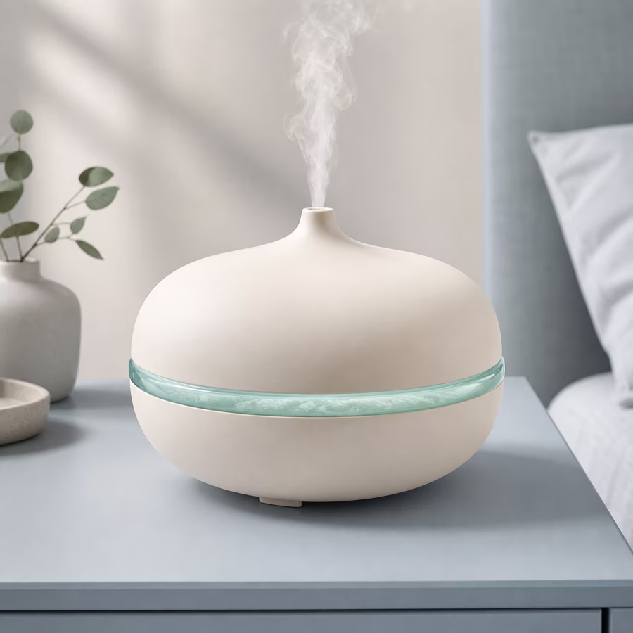 Cremefarbener Aroma-Diffuser mit aqua-blauem Lichtring