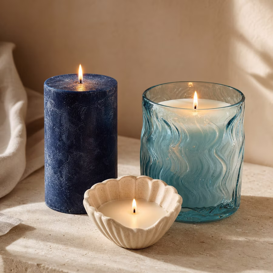 Drei blaue und cremefarbene Kerzen mit Wasserstruktur