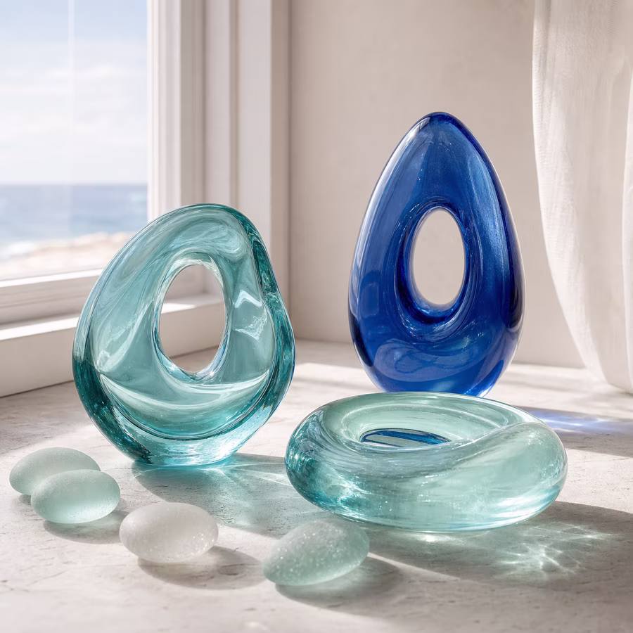 Abstrakte Glasobjekte in Aqua und Kobaltblau