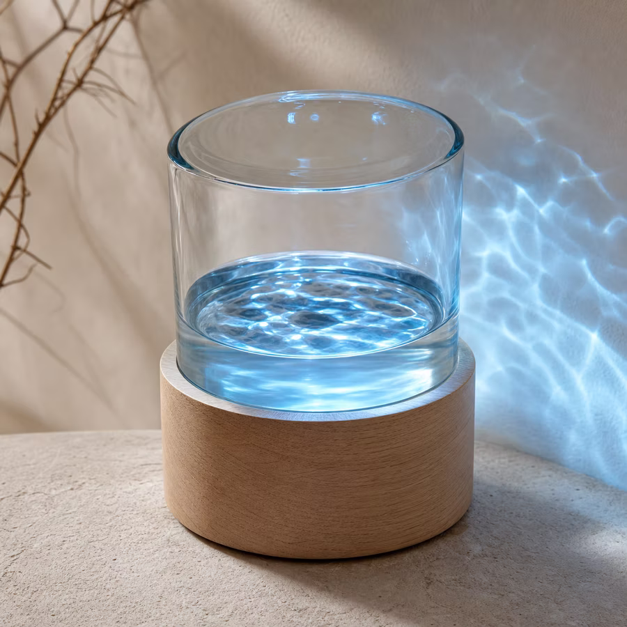 Klare Wasserlichtlampe auf hellem Holzfuß mit blauen Lichtreflexen
