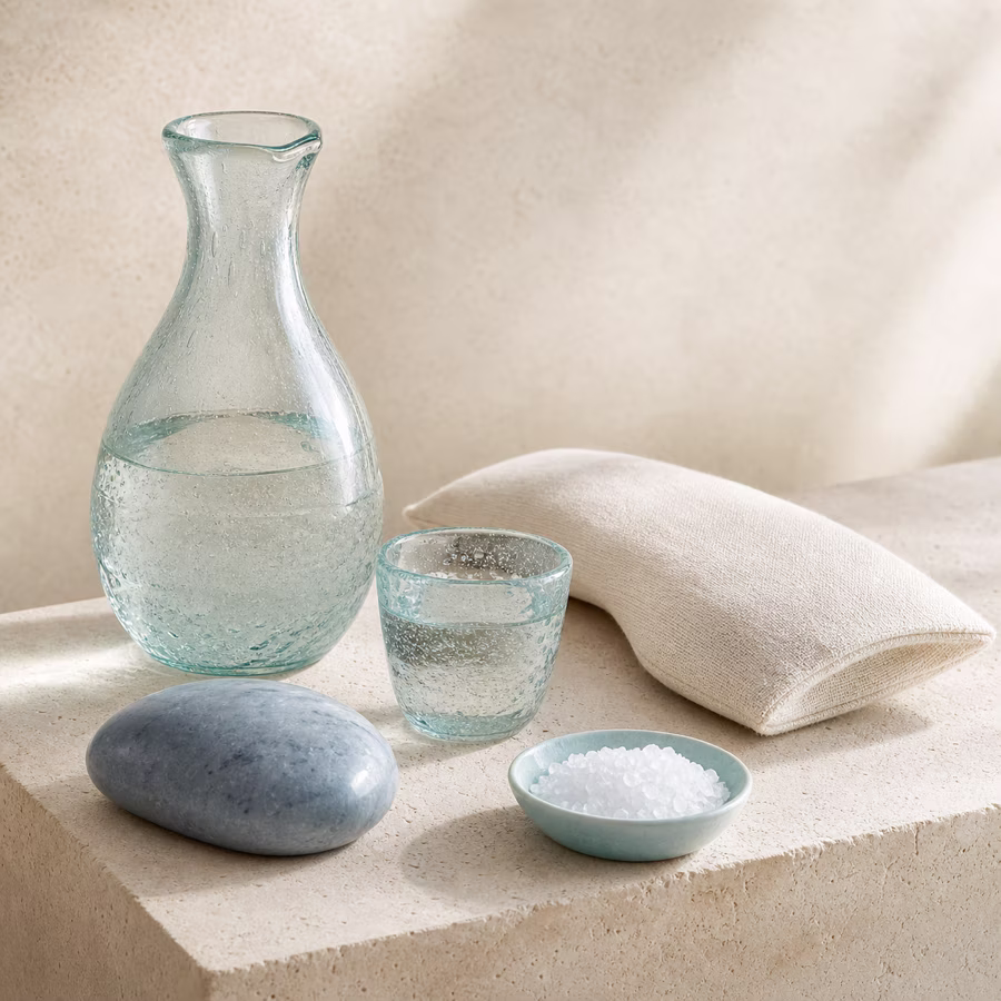 Wellness-Set mit Glas, blauem Stein und hellem Augenkissen